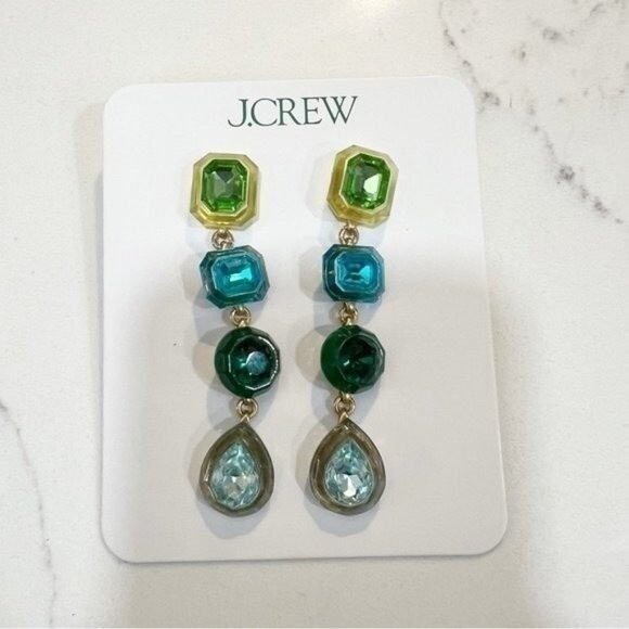 J.Crew Multi Color Crystal Drop Earrings | Green Blue Teal Gold Tone Statement - Picture 5 of 5